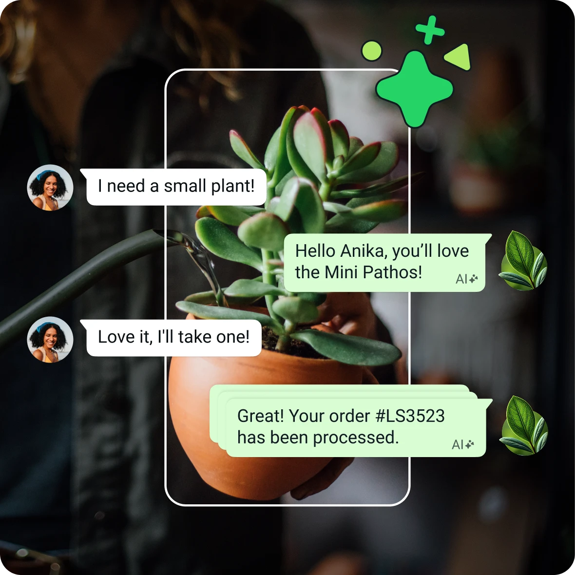 Business AI conversation overlayed on a Mini Pathos plant